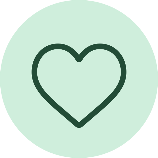 A simple icon of a heart outlined in dark green on a light green circular background.