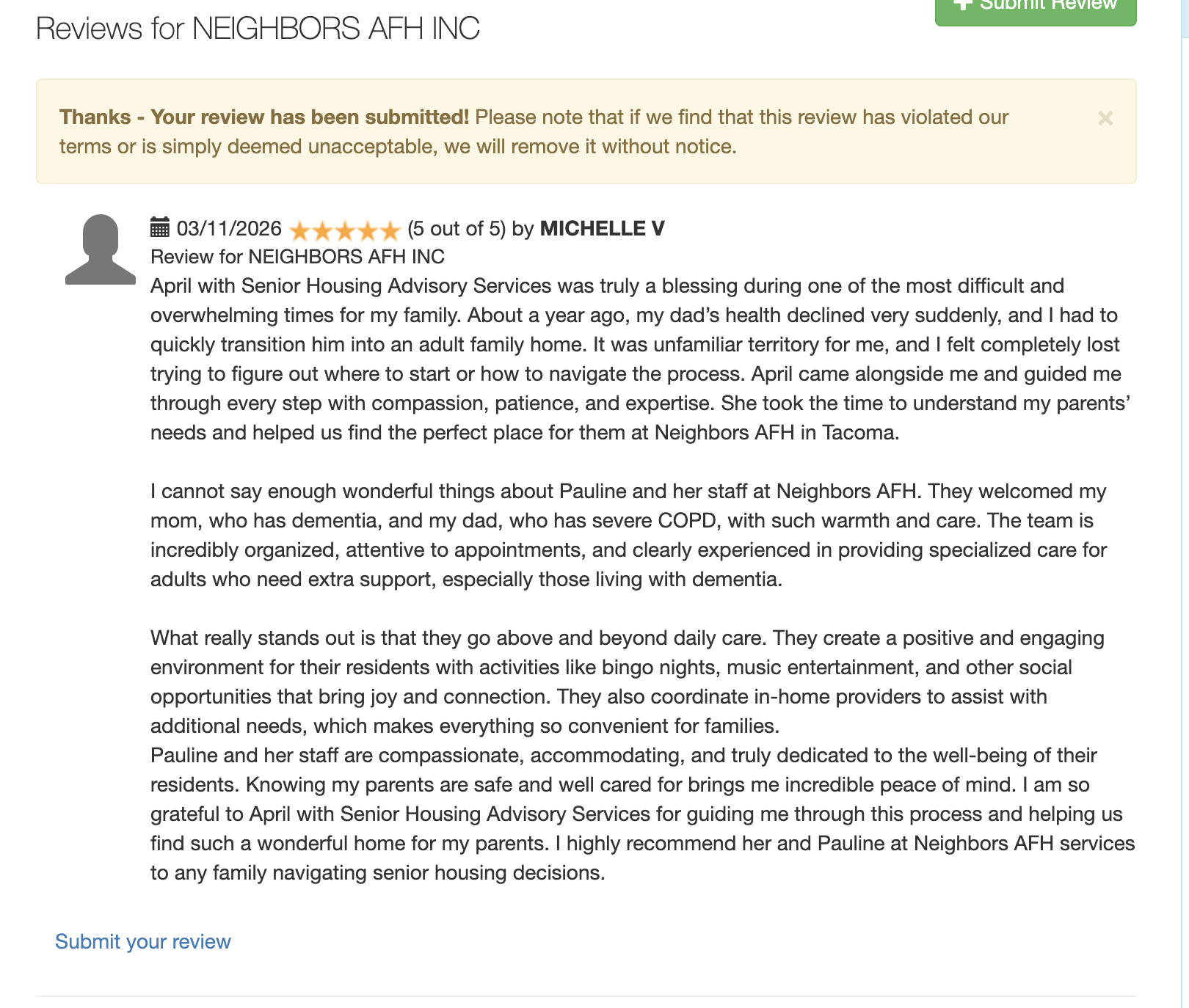 Screenshot of a positive online review for NEIGHBORS AFH INC, describing their senior care services and staff, written by Michelle V on March 11, 2026.