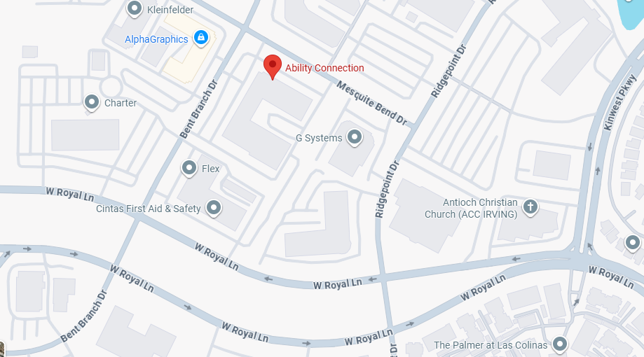 Map showing the location of Ability Connection near Bent Branch Drive, Mesquite Bend Drive, and W Royal Lane in Irving, Texas, with nearby landmarks including Antioch Christian Church and Cintas First Aid & Safety.