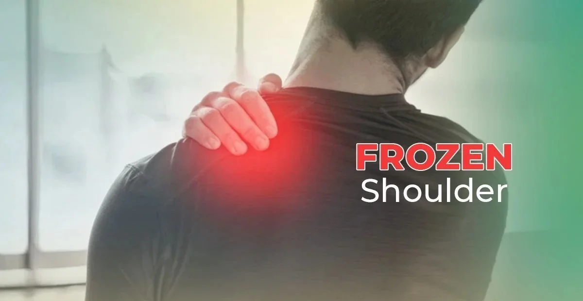 A person holding their shoulder with their hand, indicating shoulder pain or discomfort. The image highlights the shoulder area with a red spot to suggest pain or injury. The text overlay reads 'FROZEN Shoulder'.