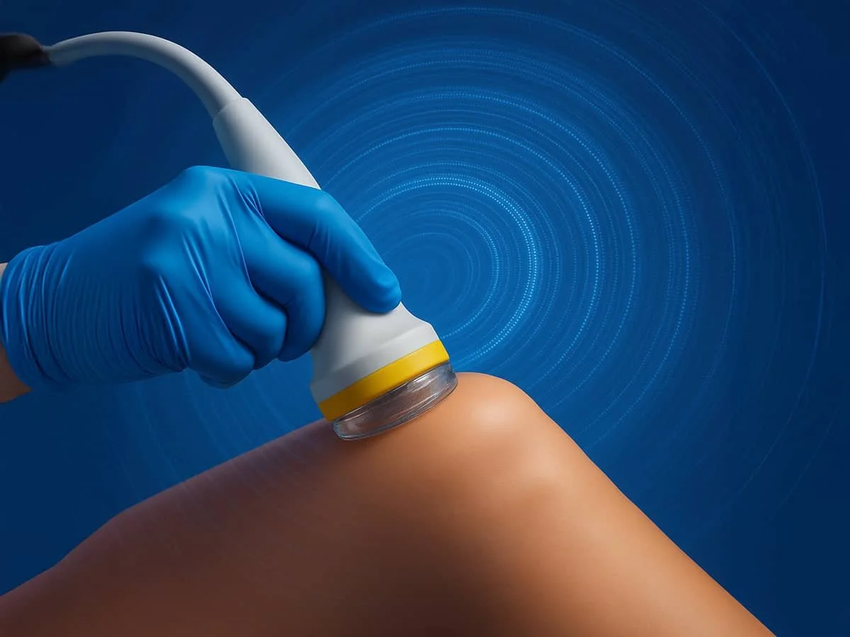 A person wearing a blue glove using an ultrasound device on their knee against a blue background with digital circular patterns.