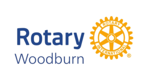 Rotary Woodburn logo with blue text and orange gear wheel emblem