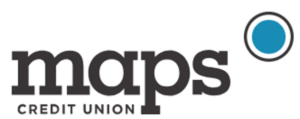 Maps Credit Union logo with black text and a blue circle to the right
