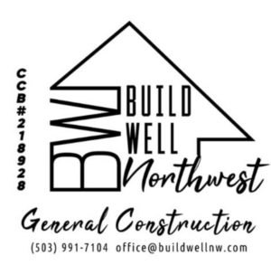 Logo for Build Well Northwest, a general construction company. The logo features a stylized house outline with the company's initials 'BBW' vertically on the left, and the text 'Build Well Northwest' inside the shape. The company's license number 'CCB#2189928' is on the left side, with contact info at the bottom including a phone number and email address.