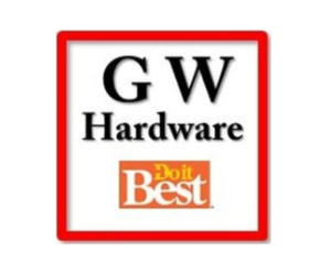 Logo for GW Hardware with a red border, featuring 'GW' and 'Hardware' in black text, and a small 'Lowe's' logo.
