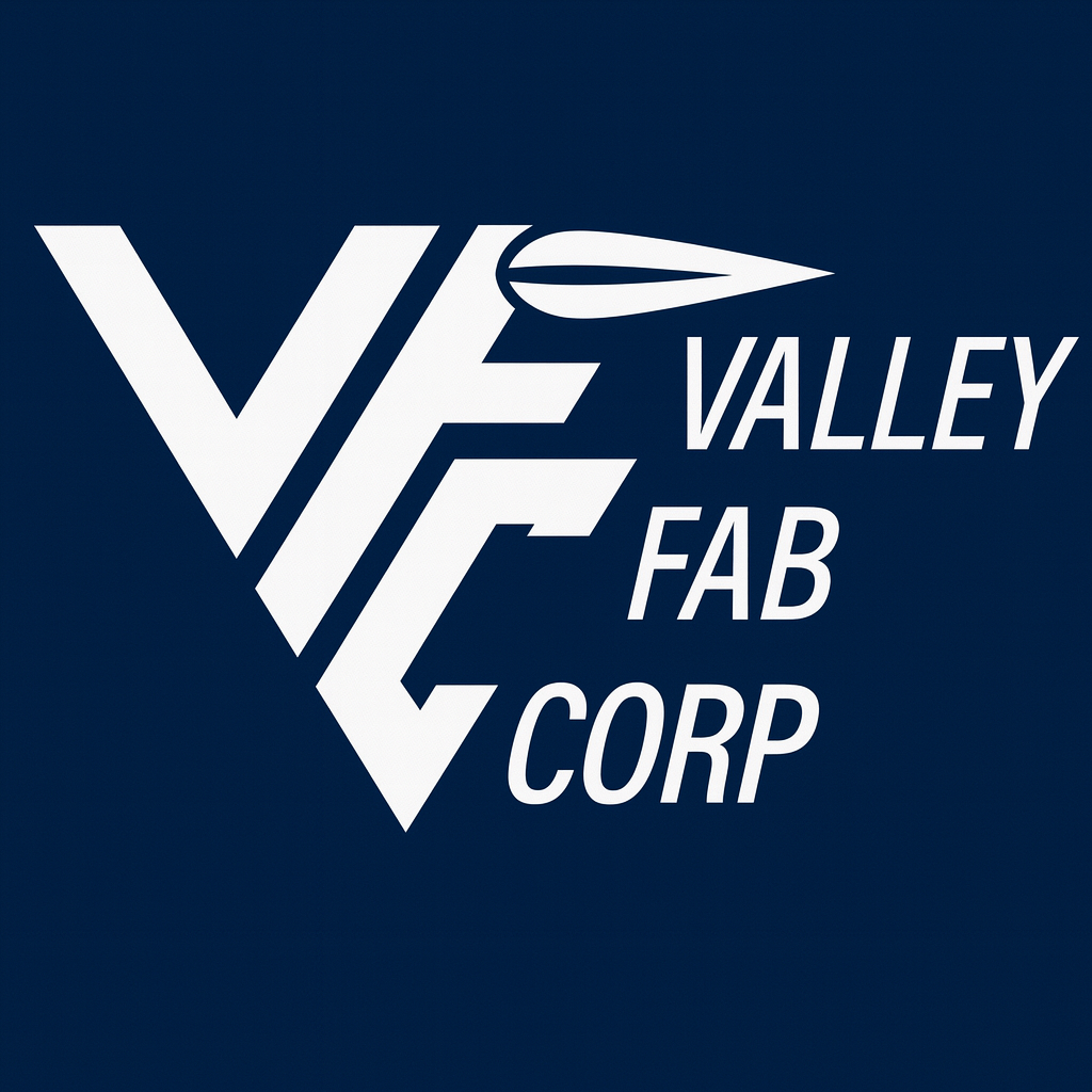 Logo with the text 'VFE Valley Fab Corp' arranged with stylized 'VFE' letters and a lightning bolt symbol.