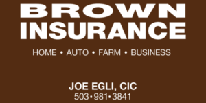 Brown Insurance sign listing services for home, auto, farm, and business with contact info for Joe Egli, CIC.
