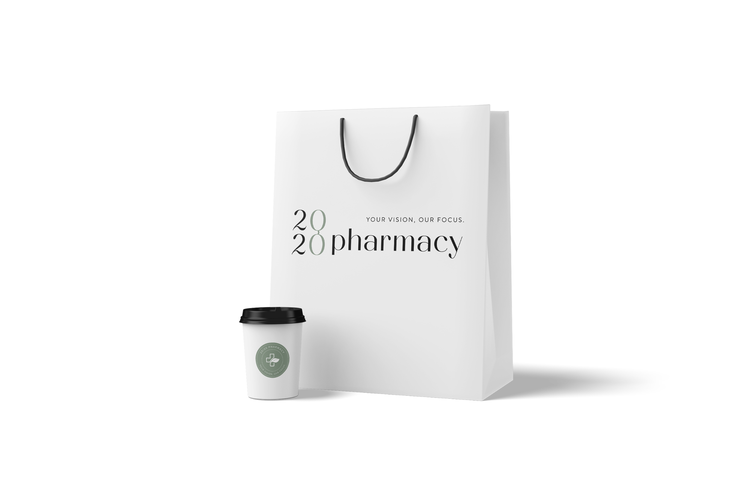 White shopping bag and paper cup with lids, branded with 2020 Pharmacy logo.