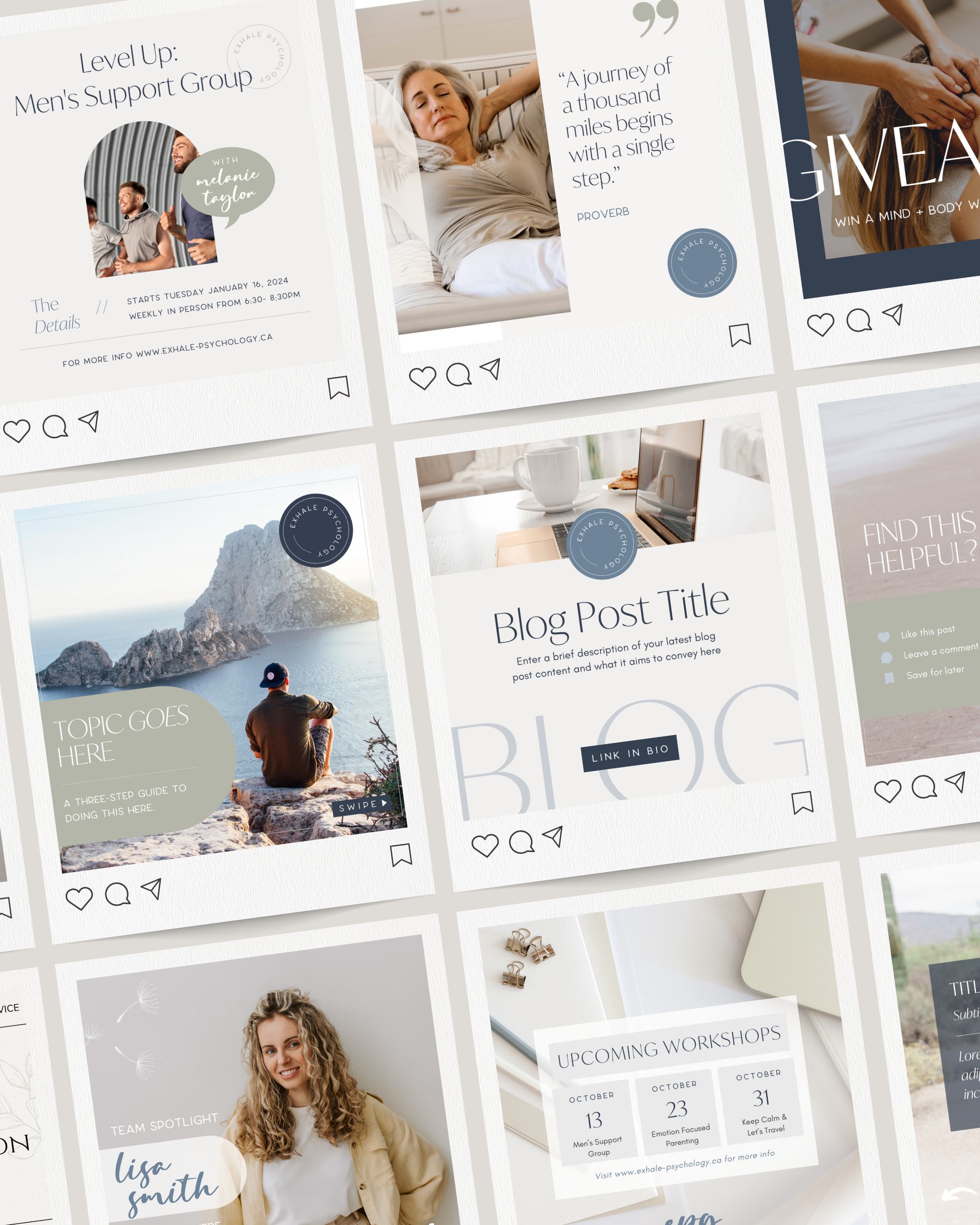 Collage of social media posts including inspirational quotes, event promotions, and lifestyle images. Features workshop details, blog post title placeholder, and personal growth themes.