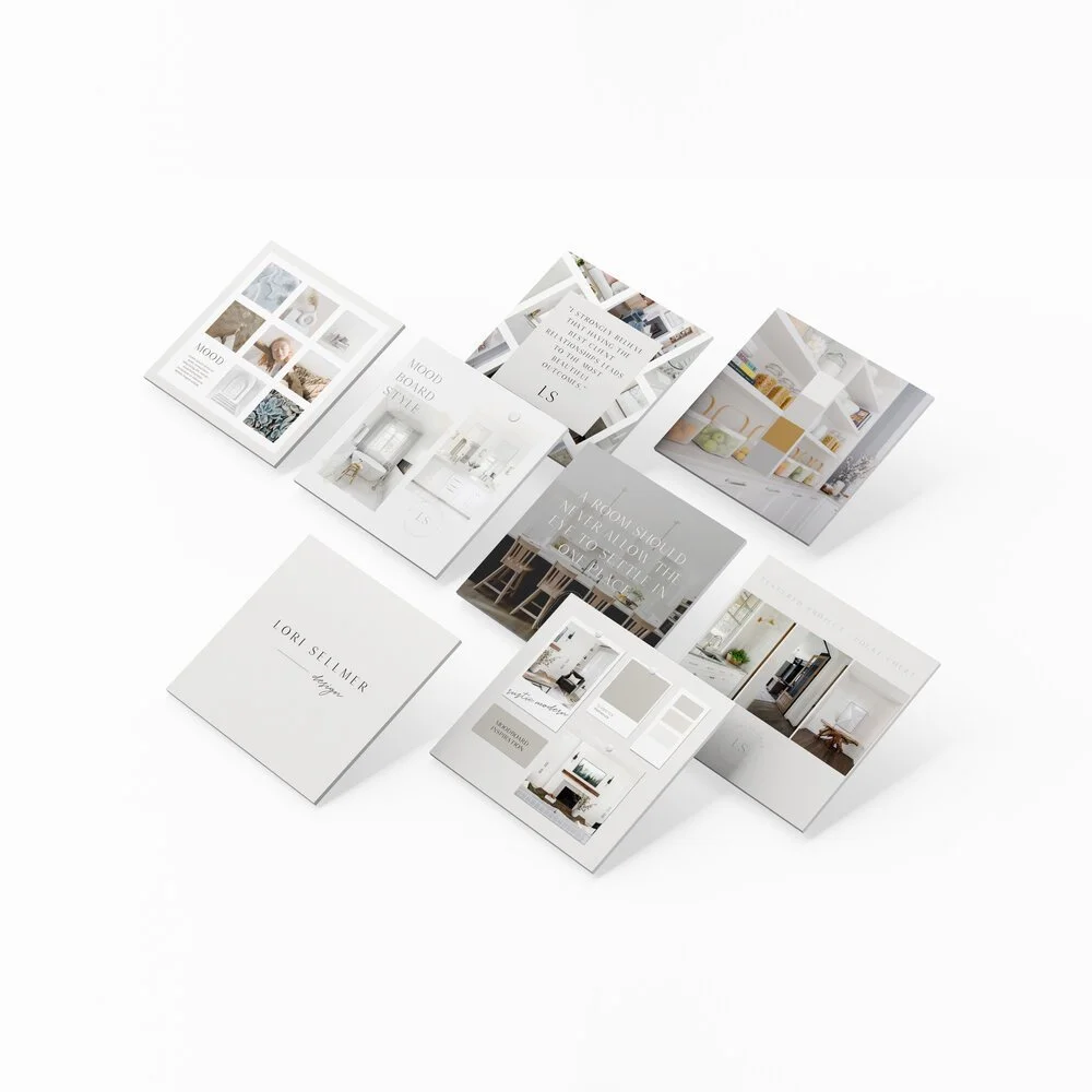 Mood board design templates arranged at an angle on a white background, featuring images of home interiors, color swatches, and text elements.