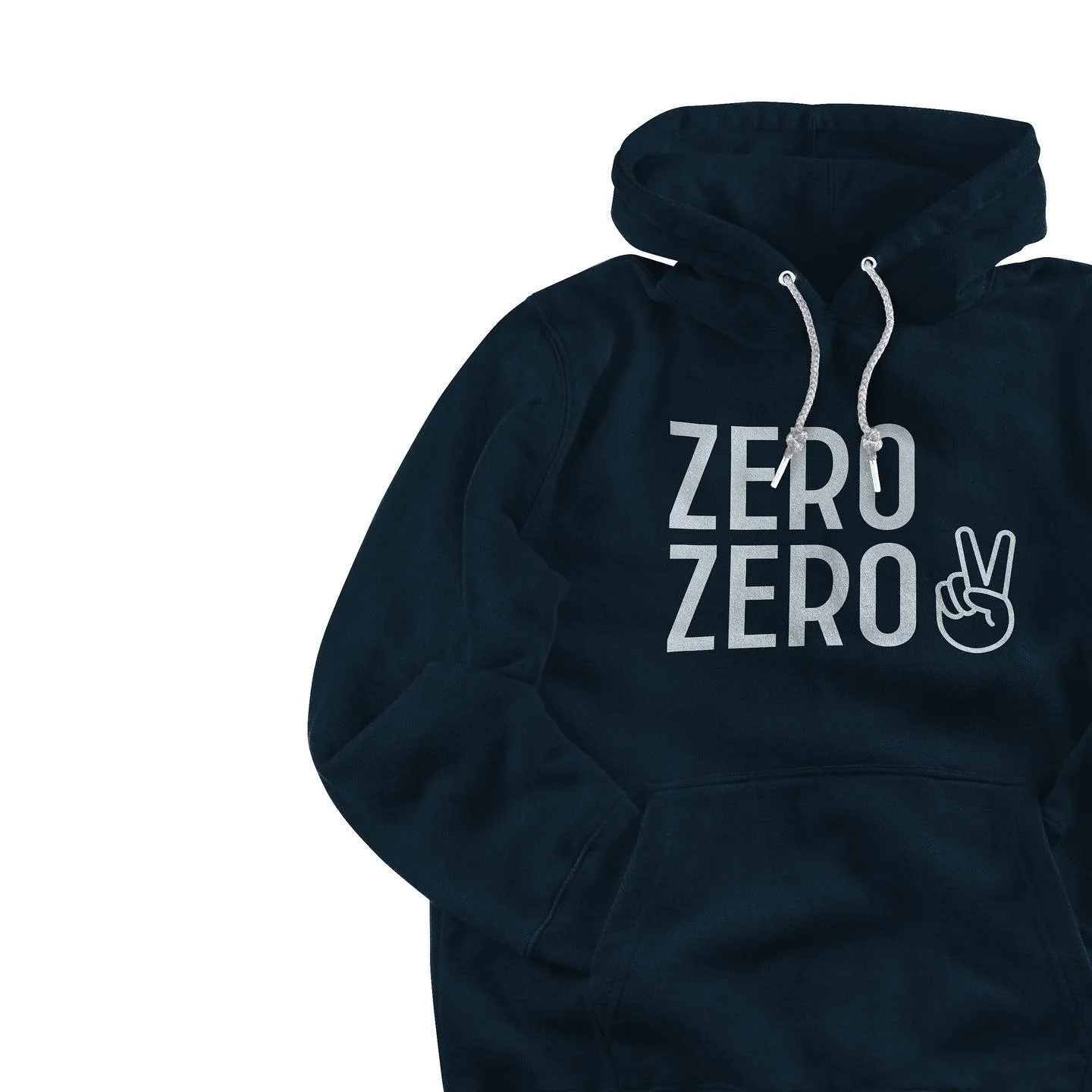 Black hoodie with 'ZERO ZERO' text and peace sign graphic.