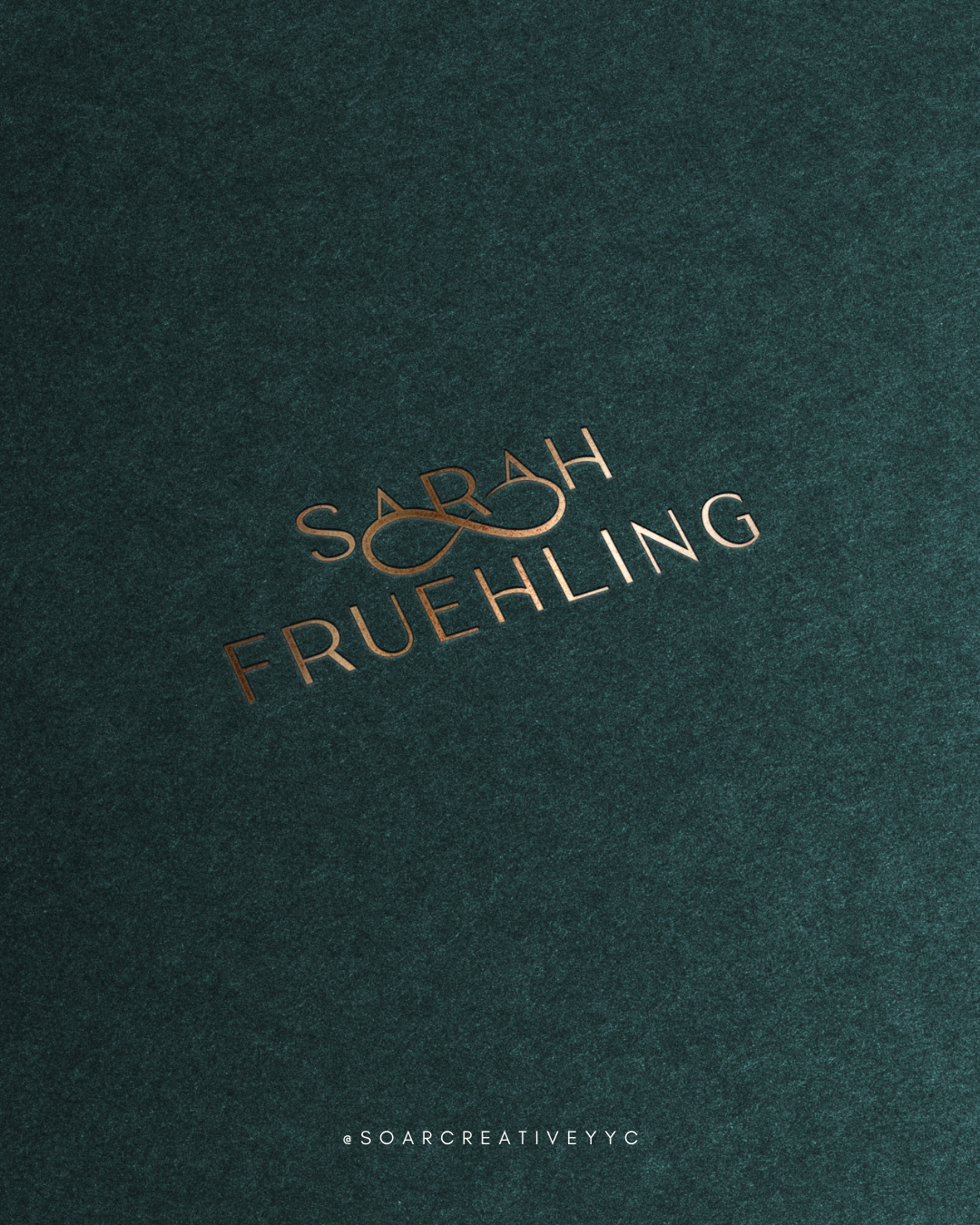 Dark green background with gold lettering spelling "SARAH FRUEHLING" and "@SOARCREATIVEYYC"