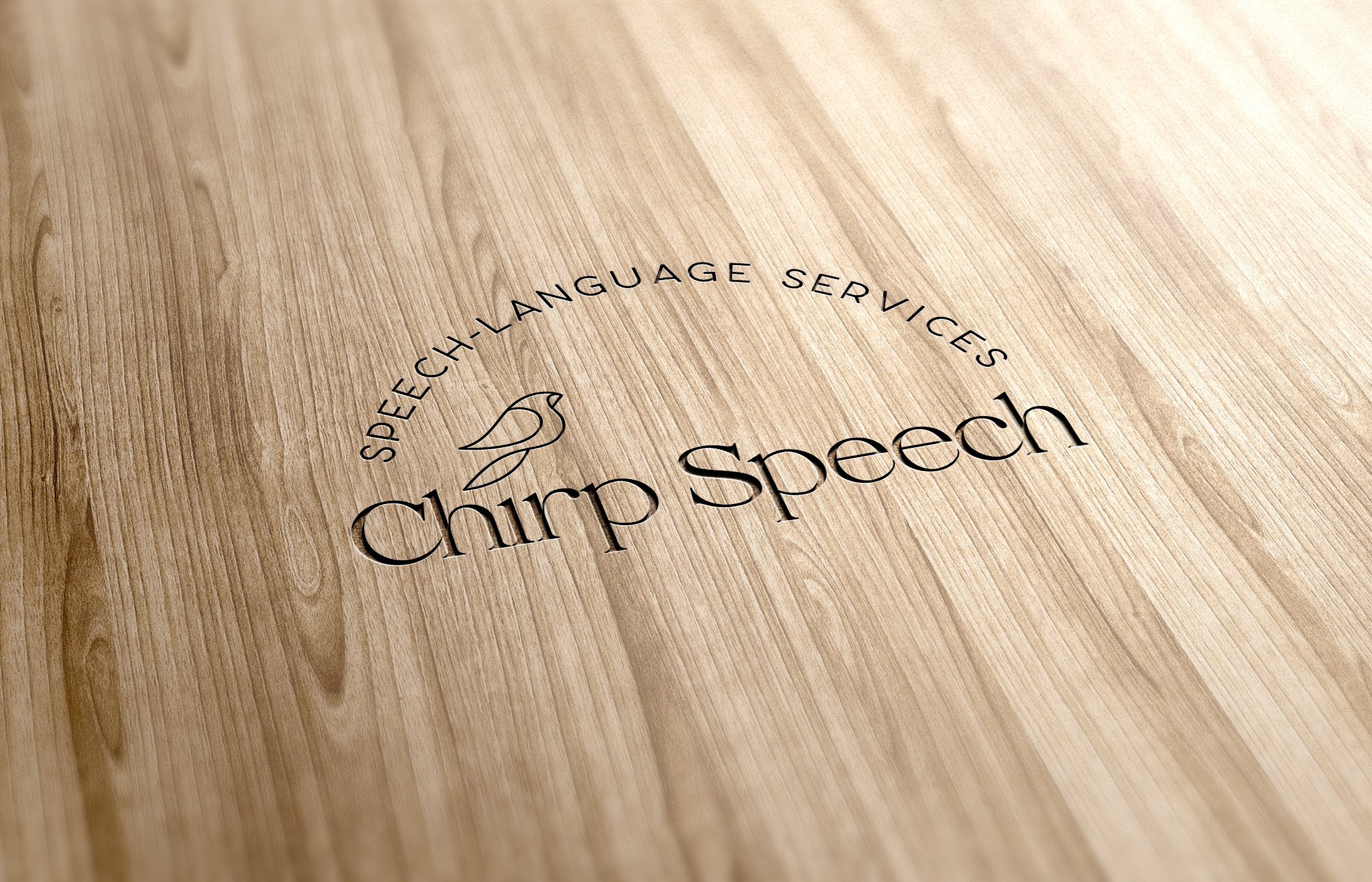 Logo for Chirp Speech, a speech-language services company, featuring a bird illustration on a wood background.