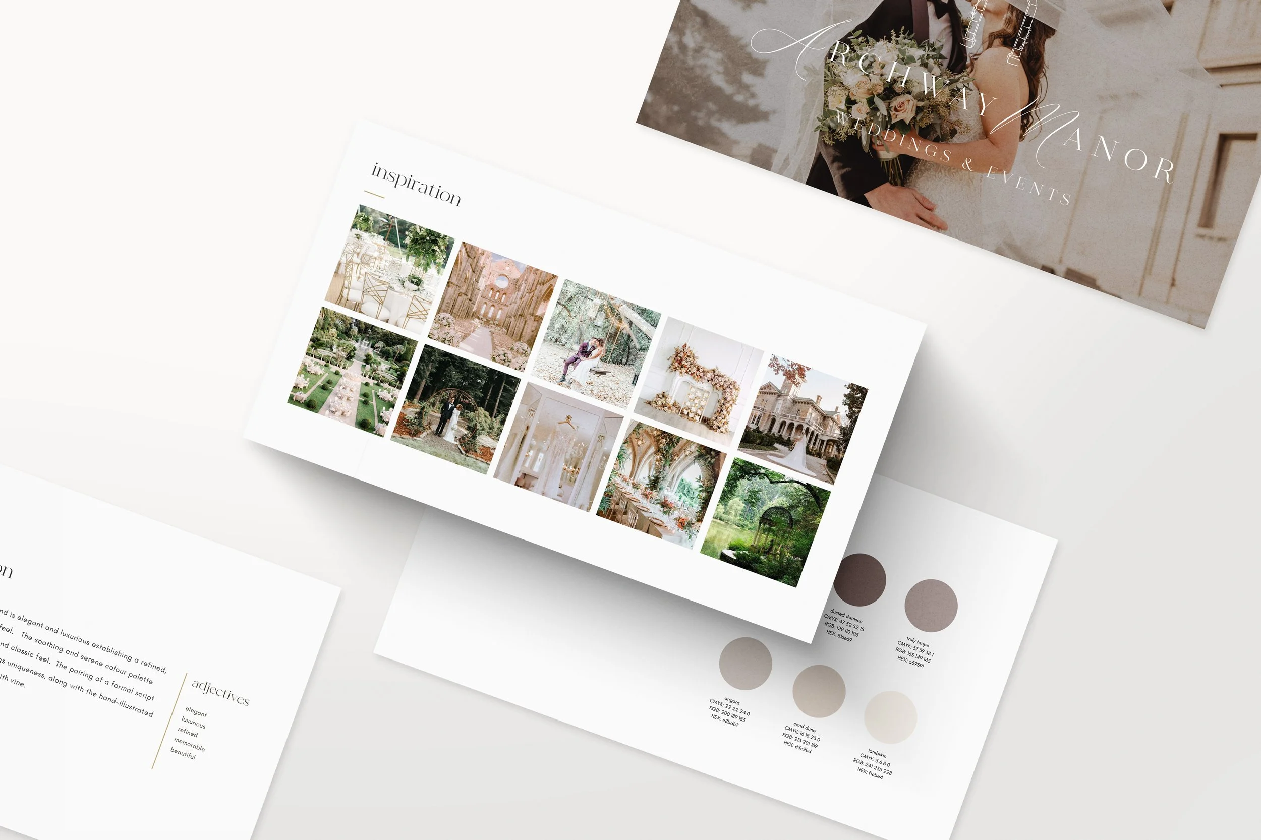 Wedding inspiration mood board with photos and color palette.