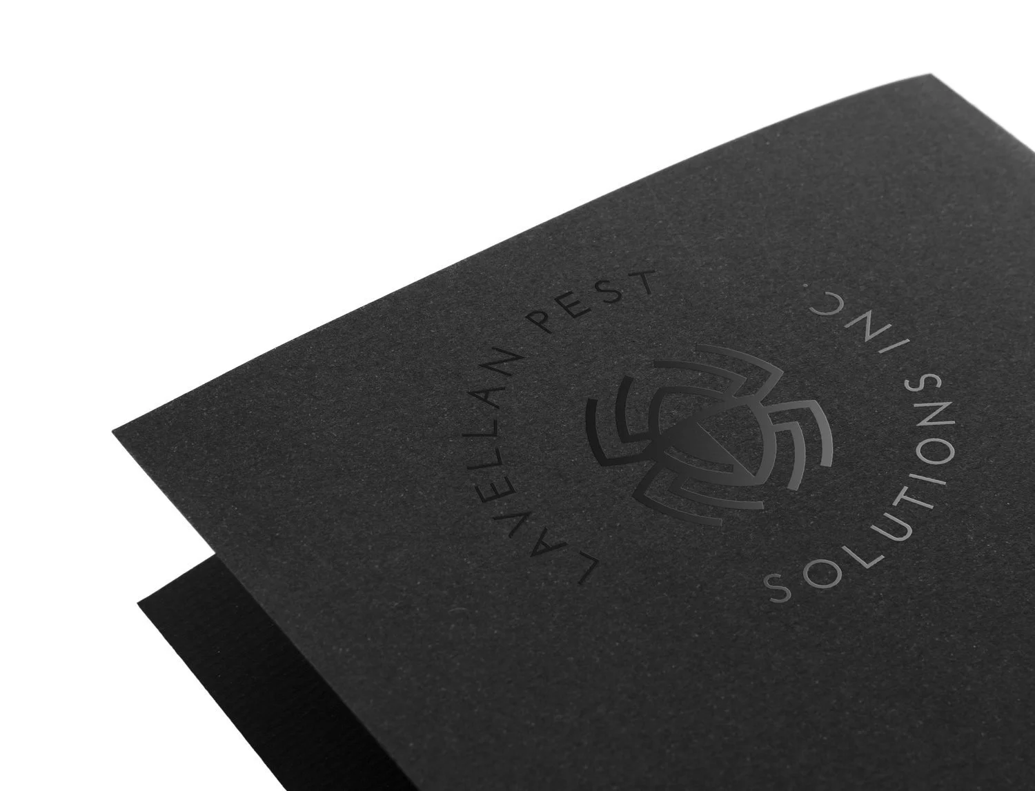 Black card with embossed spider logo for Lavellan Pest Solutions Inc.