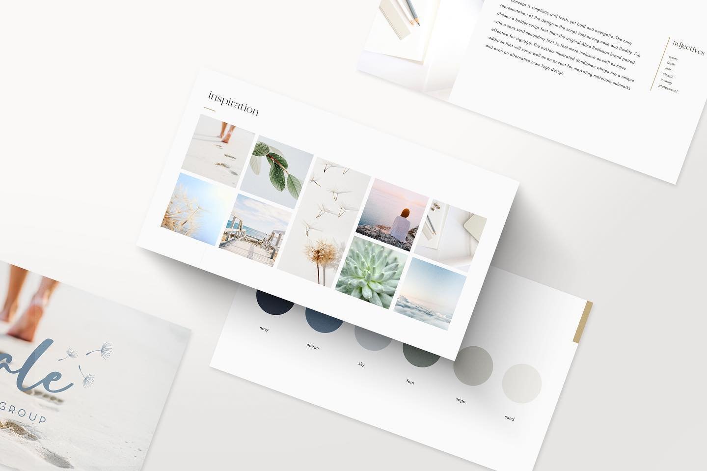A minimalist mood board featuring a grid of inspirational photos including nature and beach scenes, with a color palette displaying shades like navy, ocean, sky, fern, sage, and sand. The word 'inspiration' is written above the photos.