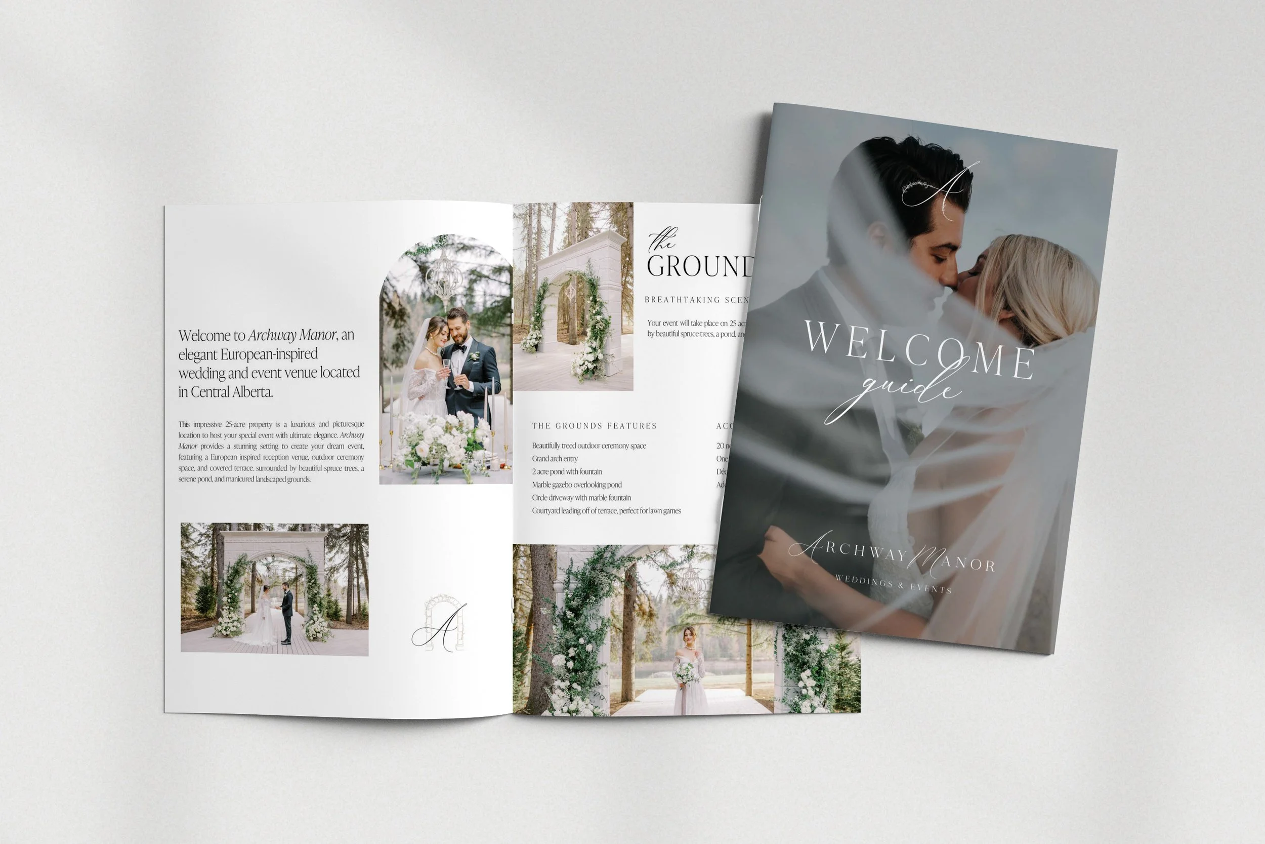 Wedding venue brochure featuring Archway Manor, with images of a couple kissing and wedding ceremony settings.