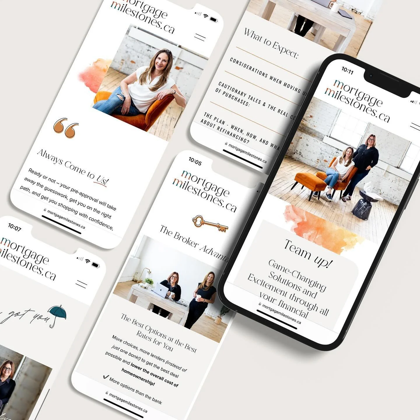 Five smartphone screens display the Mortgage Milestones website, featuring images of a woman sitting, two women standing, and various text sections on mortgage-related topics. The color scheme includes white and earthy tones.