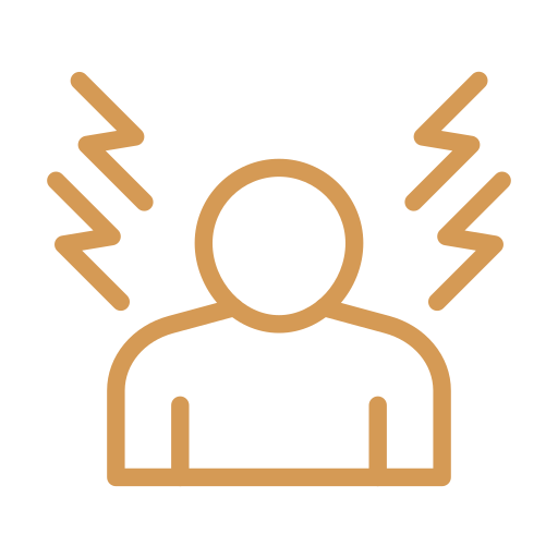 Line drawing of a person with stress or headache, indicated by zigzag lines around the head.