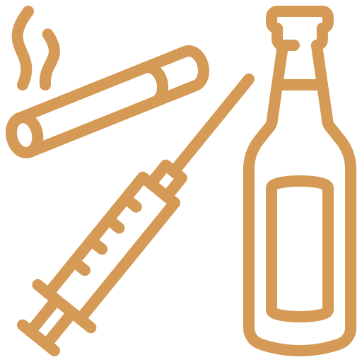 Illustration of a cigarette, a syringe, and a glass bottle.