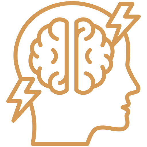 Outline of a human head with a brain inside and lightning bolts around it, symbolizing mental energy or brain activity.
