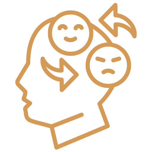 Line art illustration of a human head outline with two circular faces inside, one smiling and one frowning, connected by arrows indicating emotional change or mental state.
