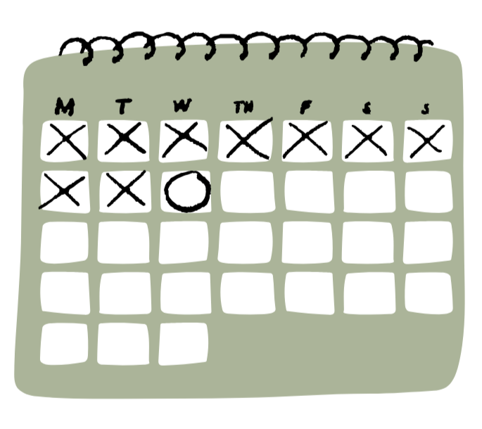 Drawing of calendar with days crossed out, one day circled