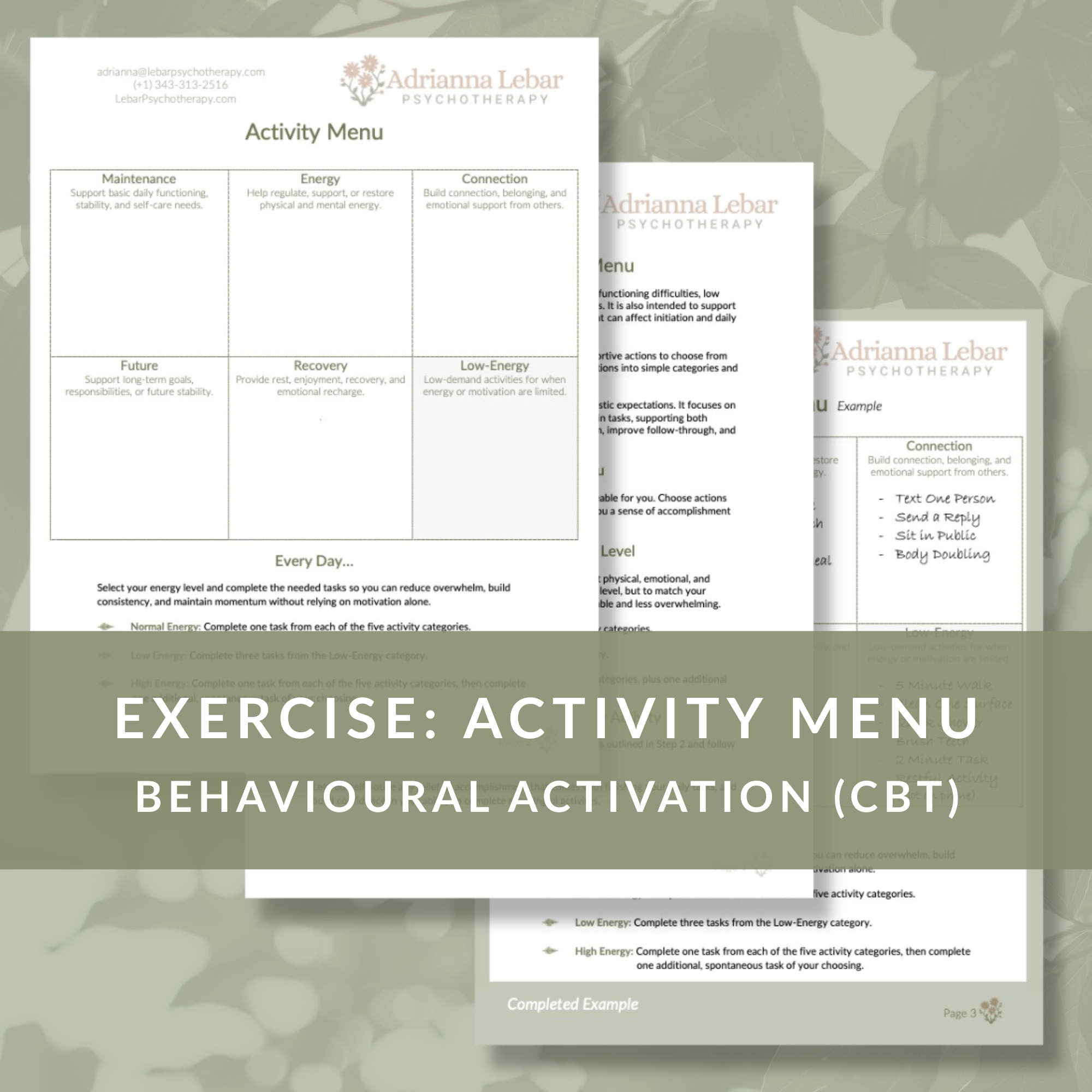 A preview of the Building an Activity Menu worksheet with prompts for organizing supportive activities into categories based on energy level and daily needs.