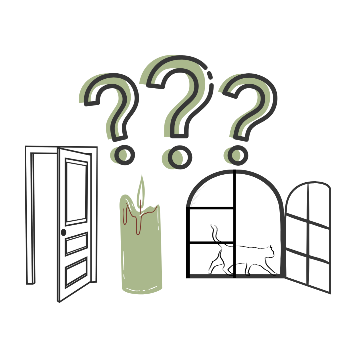Drawing of open door, candle burning, open window with pet, under question marks