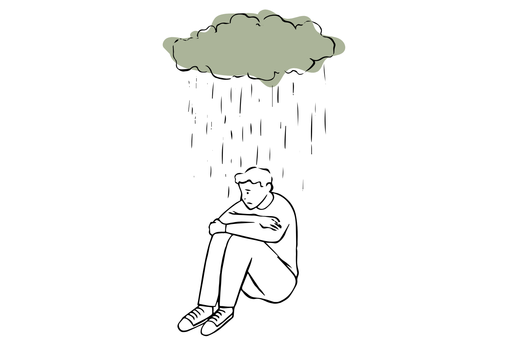 Drawing of a man sitting under raincloud
