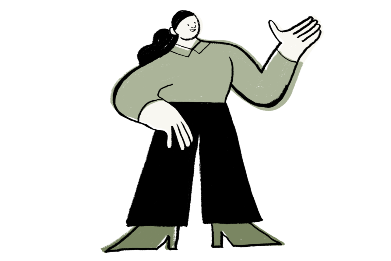 Illustration of a woman with dark hair in a ponytail, wearing a green long-sleeve top, black wide-leg pants, and green shoes, smiling and gesturing with her right hand.