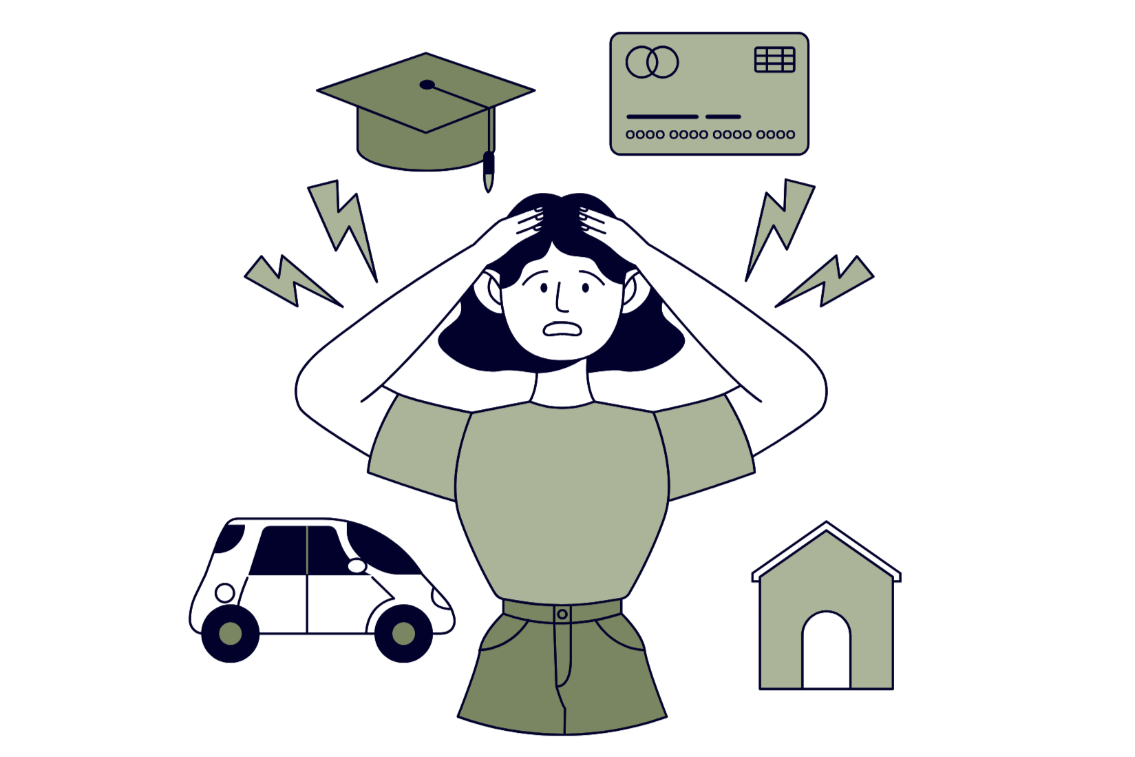 A distressed woman holding her head with hands, surrounded by icons of a graduation cap, a credit card, a small car, and a house, with lightning bolt symbols indicating stress or anxiety.