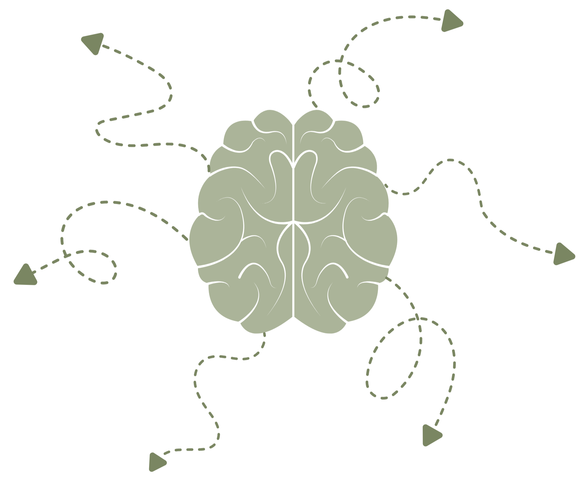 A stylized illustration of a human brain centered with dotted arrows spiraling outward from the top, sides, and bottom, indicating movement or thought processes.