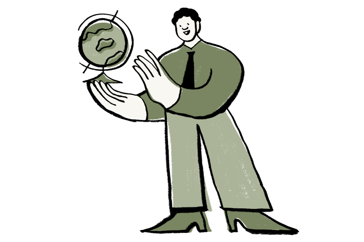 Illustration of a man in business attire holding a globe, smiling, with hands in a gesture suggesting presenting or showcasing