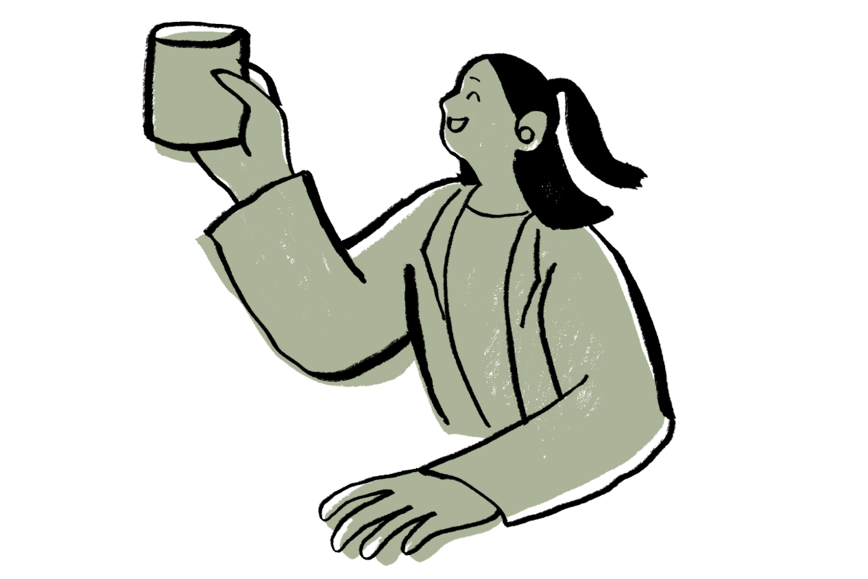 Drawing of a woman with black hair in a ponytail, smiling while holding a large mug, with one hand on a table or surface.
