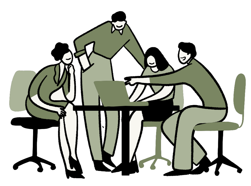 Illistration of four people at a desk collaborating