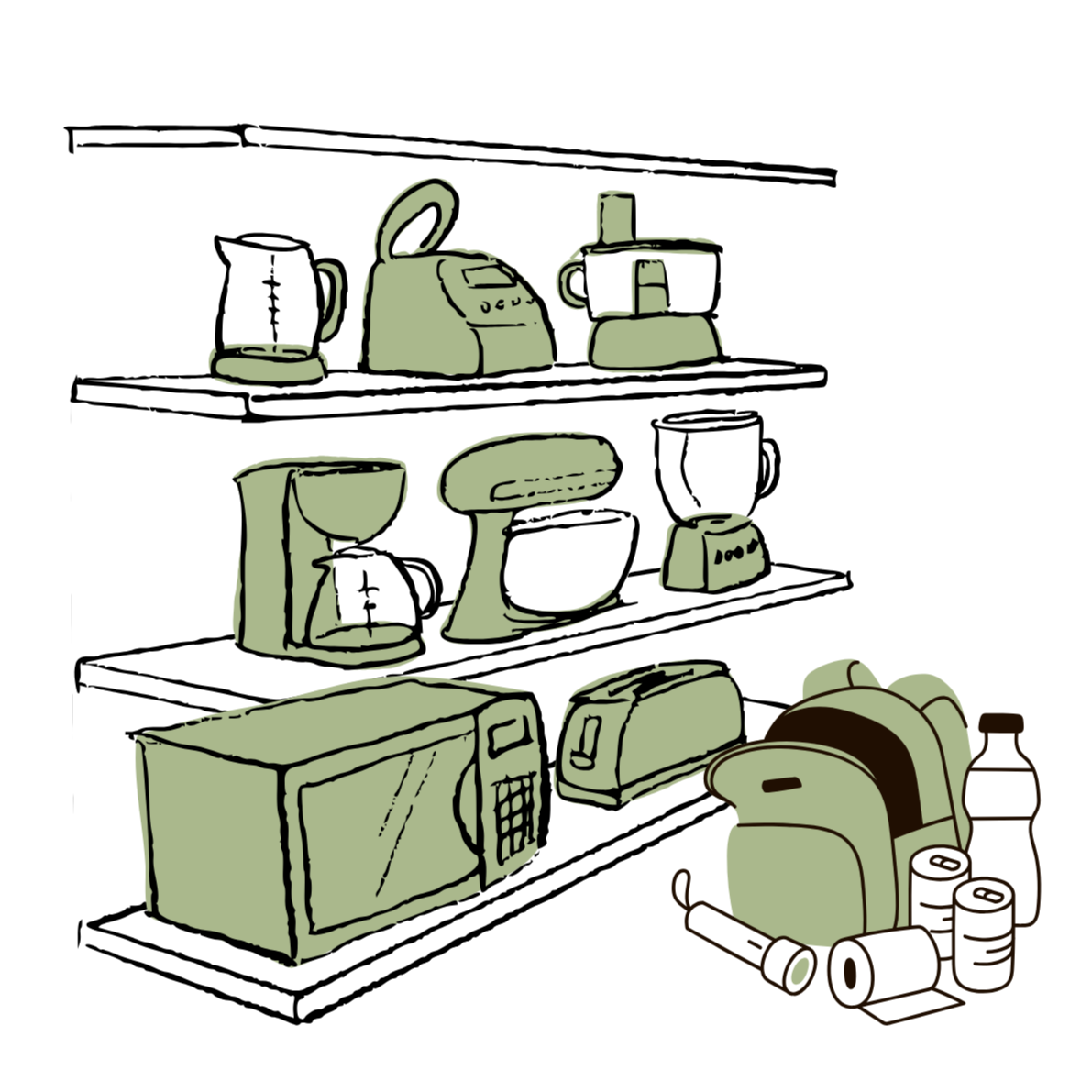 Drawing of shelves with household clutter, partly neat