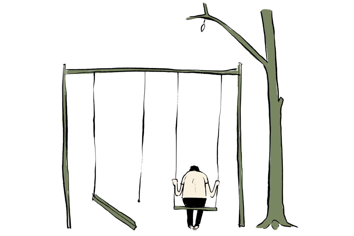 Drawing of a man sitting on a swing set, head lowered. Second swing is broken.