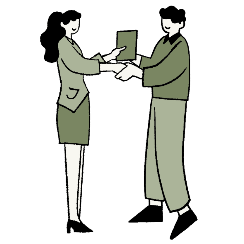 Illistration of woman handing a book to a man