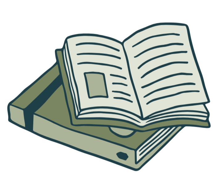 Drawing of open book stacked on top of closed book