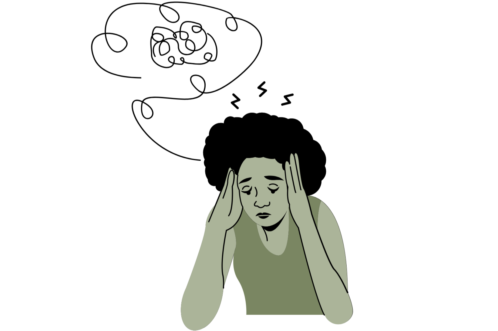 A woman with a worried expression holding her head with both hands, with a thought bubble above her head showing tangled lines and squiggly shapes.