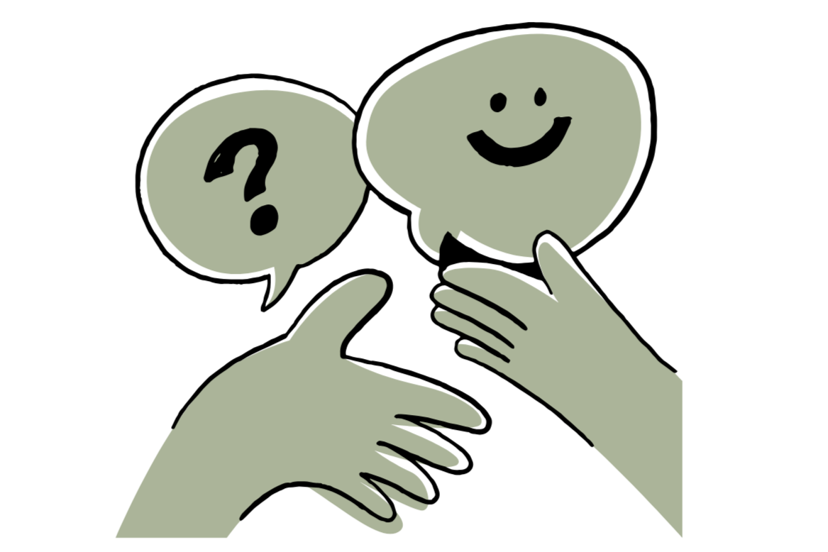 Two hands holding speech bubbles, one with a question mark and the other with a happy face.