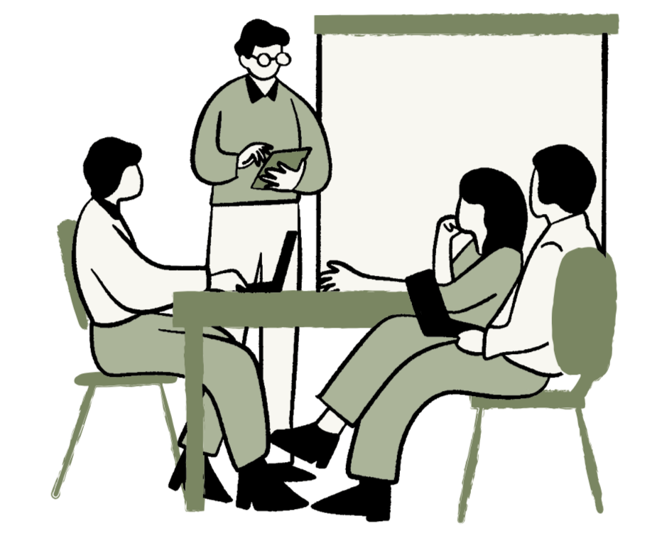 Illistration of four people together at a desk, one explaining to the others