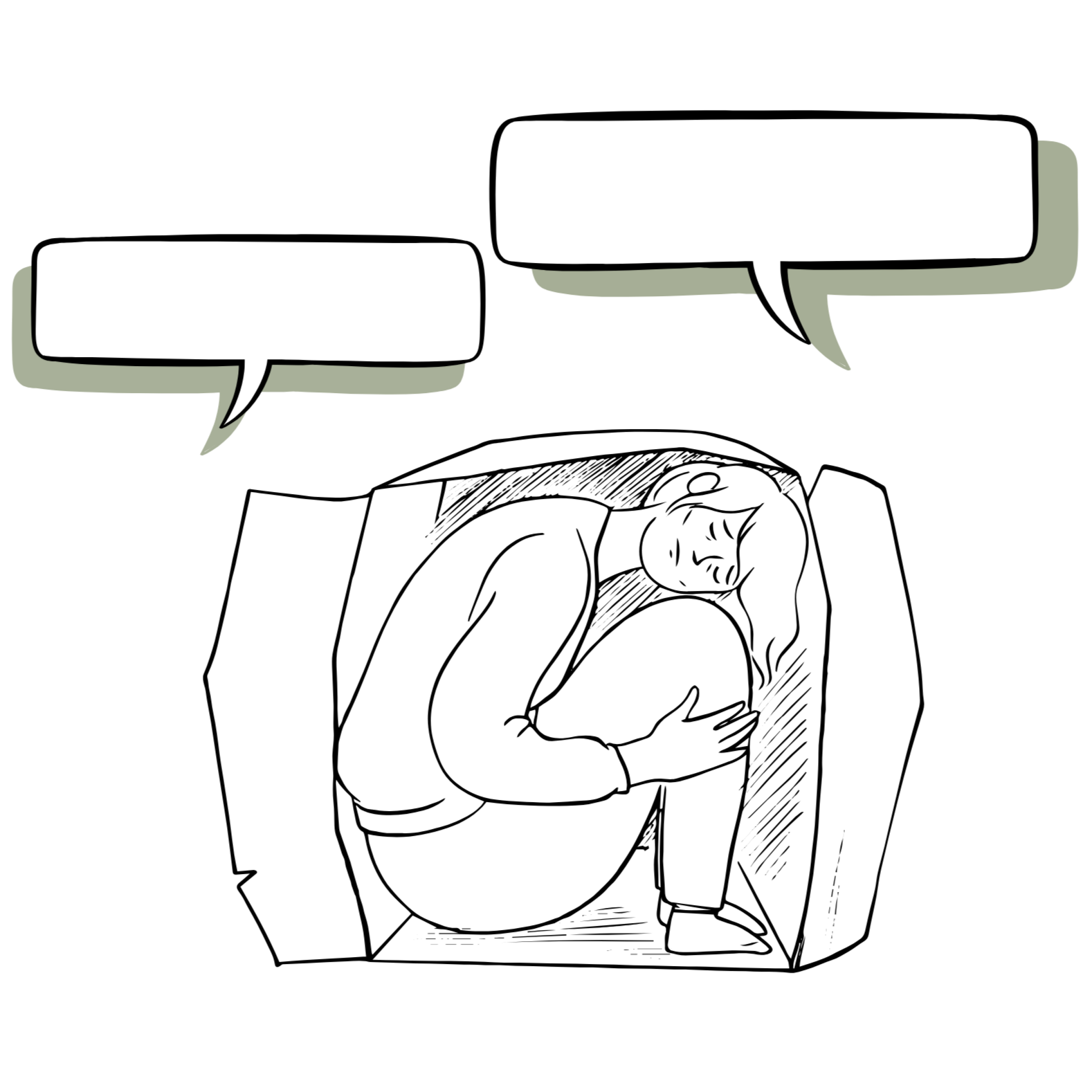 Drawing of a woman in a box, conversation happening around her