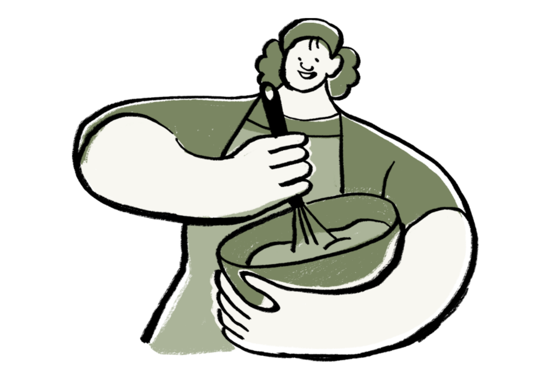 Drawing of a woman smiling, holding a bowl and whisking ingredients for baking.