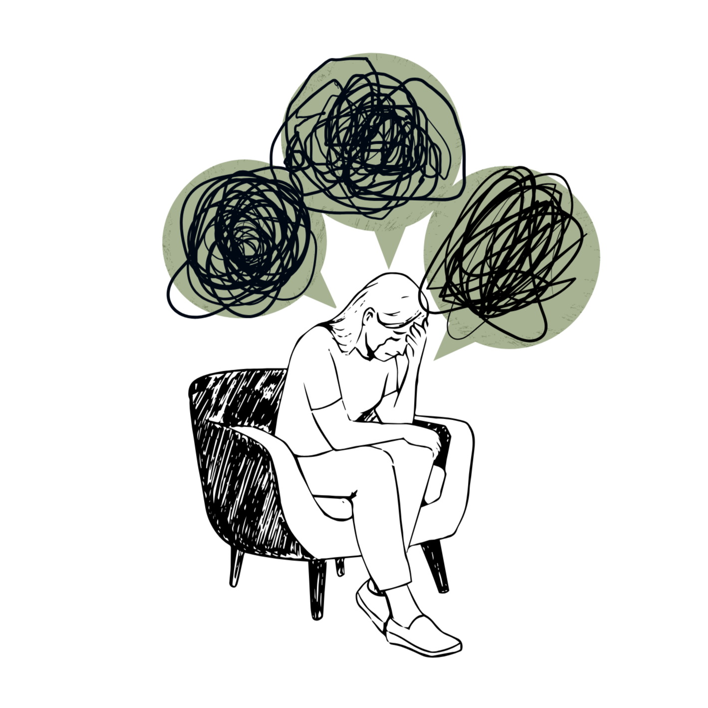 Drawing of a distressed woman, multiple thought bubbles
