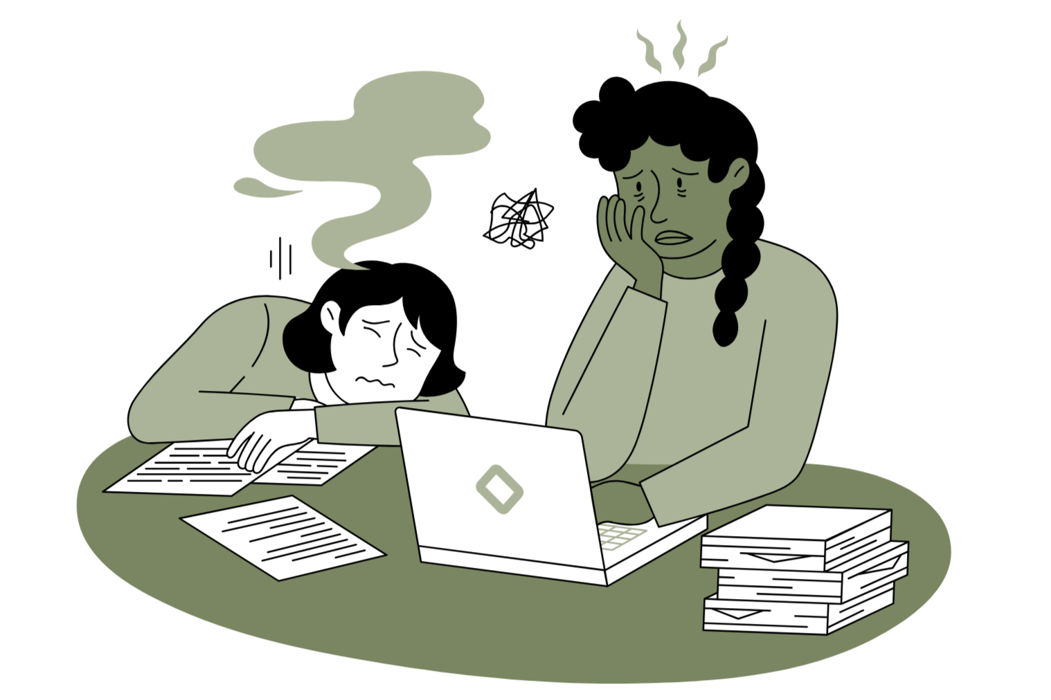 An illustration of two women at a desk with piles of papers, showing signs of stress. One woman, with black hair, looks exhausted and in distress, resting her head on her arms with papers scattered in front. The other woman, with curly hair, appears worried or anxious, holding her face with one hand while looking at the laptop. A cloud of swirling lines above the second woman's head indicates frustration or mental fog.