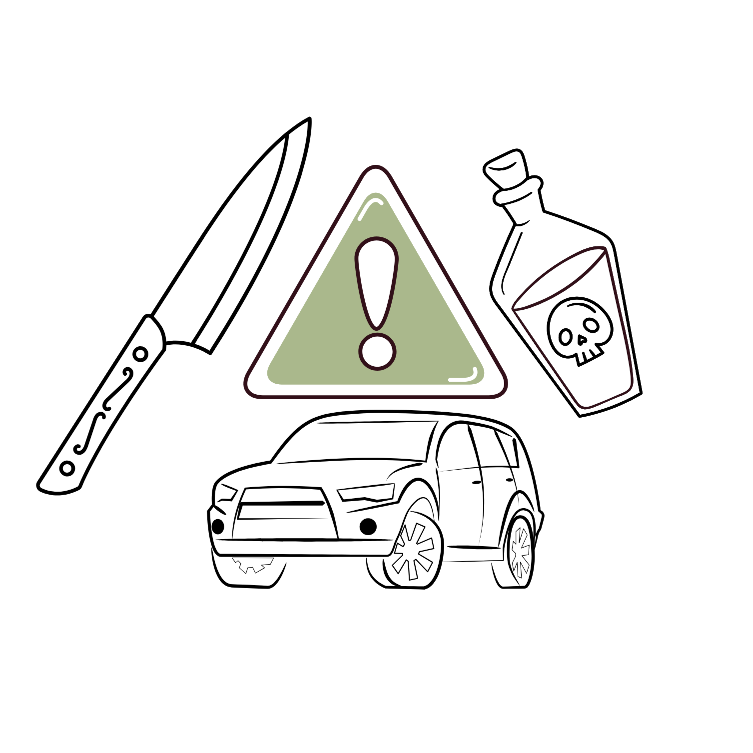Drawing of a knife, posion, car, around danger sign