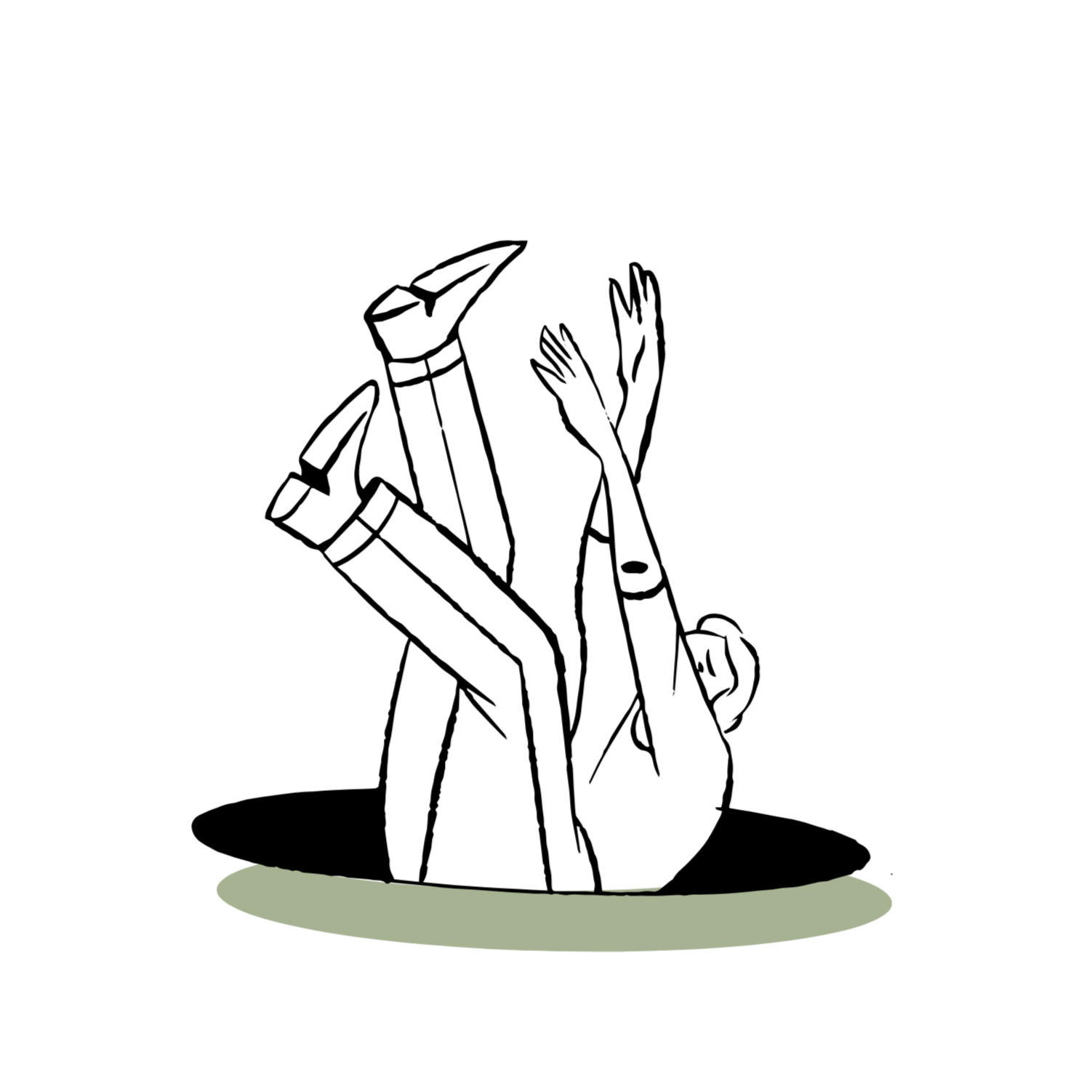 Line drawing of a person with arms raised above their head, falling into a hole in the ground, with a shadow underneath.