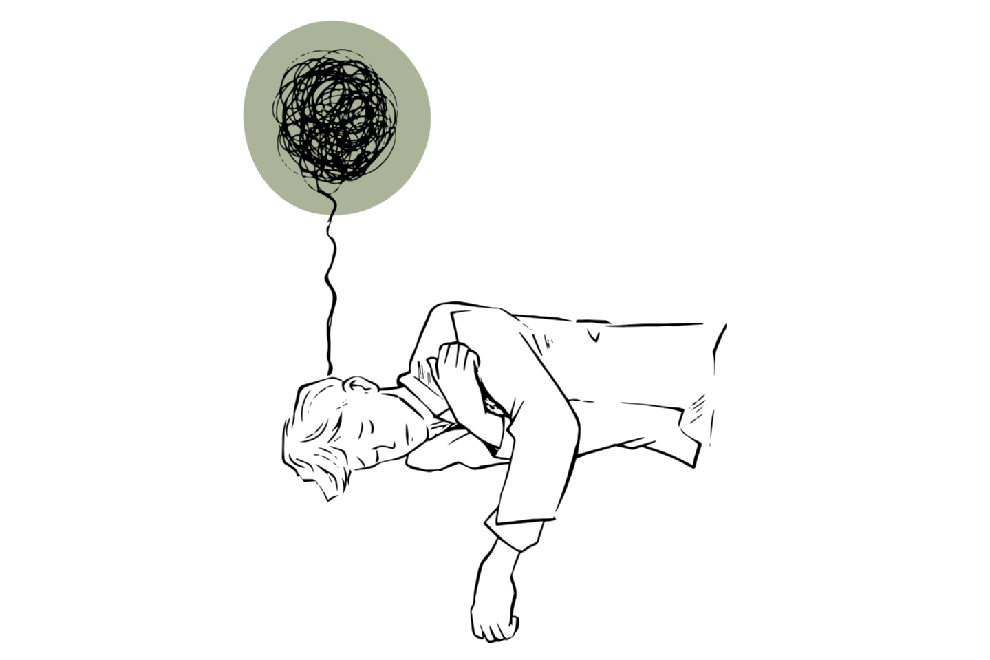Drawing of a man laying down, scribbled thought bubble over head
